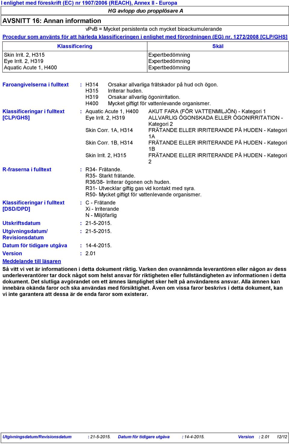 2, H319 Expertbedömning Aquatic Acute 1, H400 Expertbedömning Faroangivelserna i fulltext Klassificeringar i fulltext [CLP/GHS] R-fraserna i fulltext Klassificeringar i fulltext [DSD/DPD]