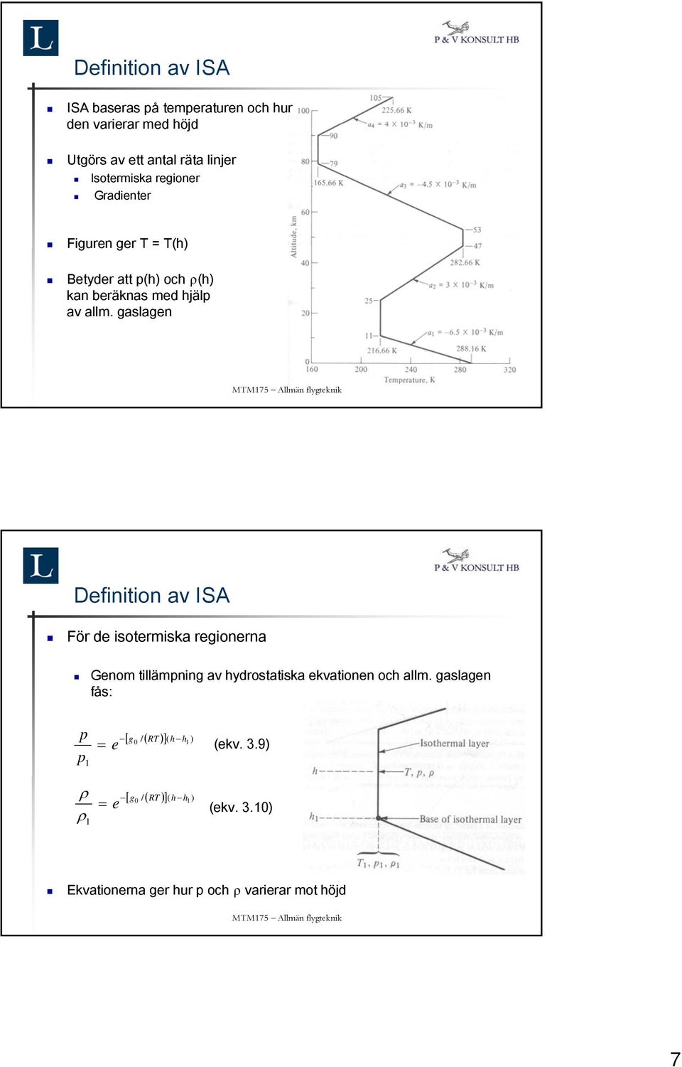 gaslagen Definition av ISA För de isotermiska regionerna Genom tillämpning av hydrostatiska ekvationen och allm.