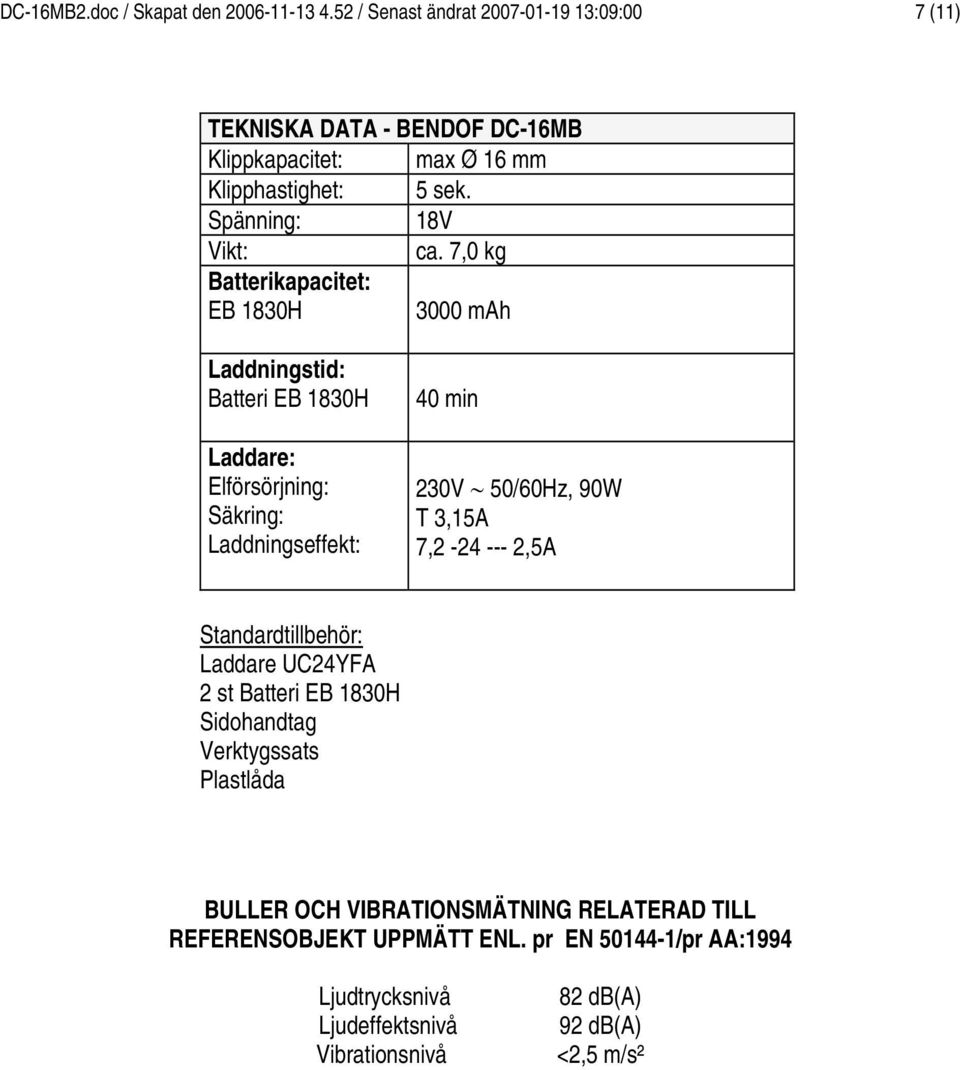 7,0 kg Batterikapacitet: EB 80H 000 mah Laddningstid: Batteri EB 80H Laddare: Elförsörjning: Säkring: Laddningseffekt: 0 min 0V 50/60Hz, 90W