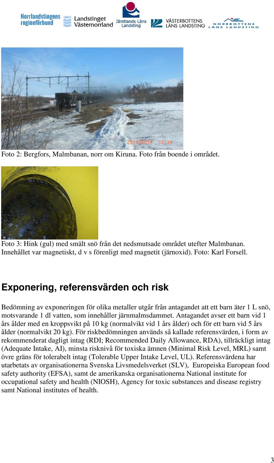 Exponering, referensvärden och risk Bedömning av exponeringen för olika metaller utgår från antagandet att ett barn äter 1 L snö, motsvarande 1 dl vatten, som innehåller järnmalmsdammet.