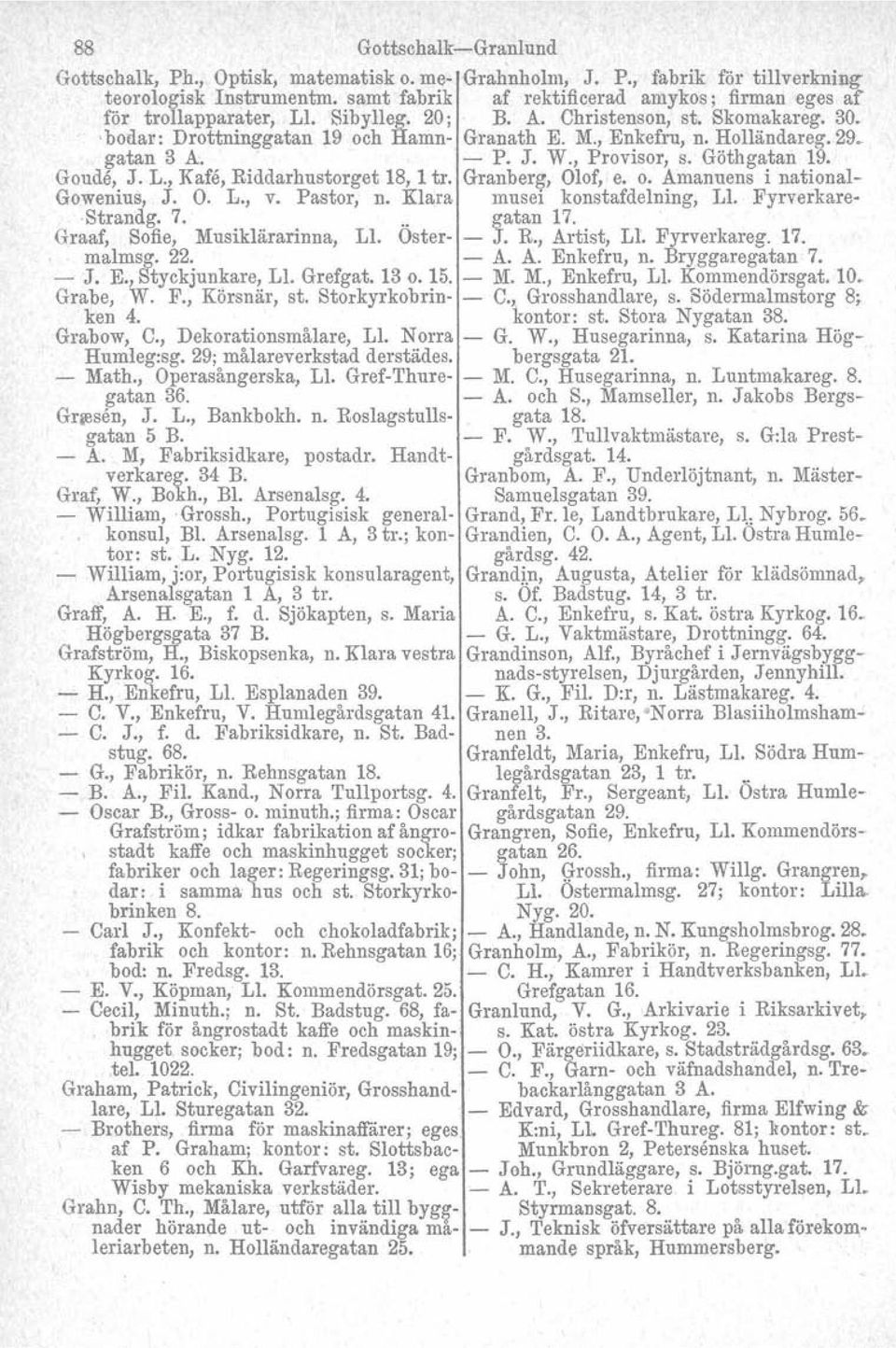 Holländareg.29.. gatan 3 A.. - P. J. W., Provisor, s. Göthgatan 19. Goudå, J. L., Kafe, Riddarhustorget 18, 1 tro Granberg, Olof, e. O. Amanuens i national- Gowenius, J. O. L., V. Pastor, n.