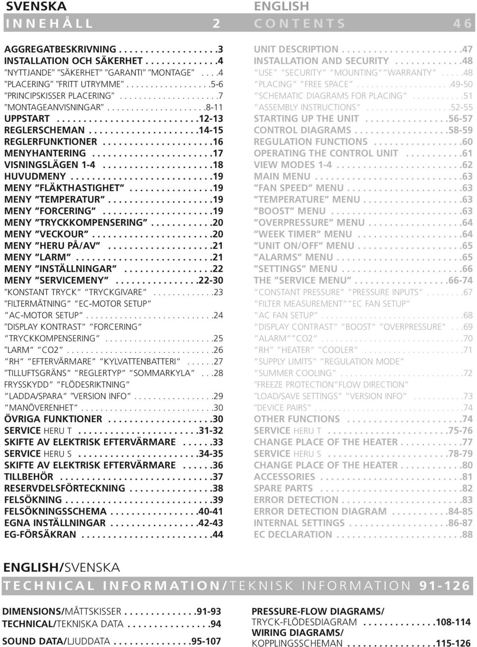 ......................17 VISNINGSLÄGEN 1-4.....................18 HUVUDMENY...........................19 MENY FLÄKTHASTIGHET................19 MENY TEMPERATUR....................19 MENY FORCERING.