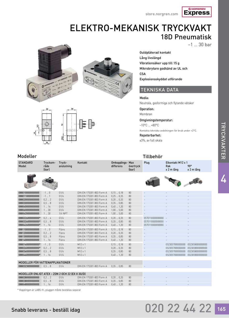 STANDARD Tryckom- Tryck- Kontakt Omkopplings- Max Model råde anslutning differens övertryck Neutrala, gasformiga och flytande vätskor Operation: Membran Omgivningstemperatur: 10 C +80 C Kontakta