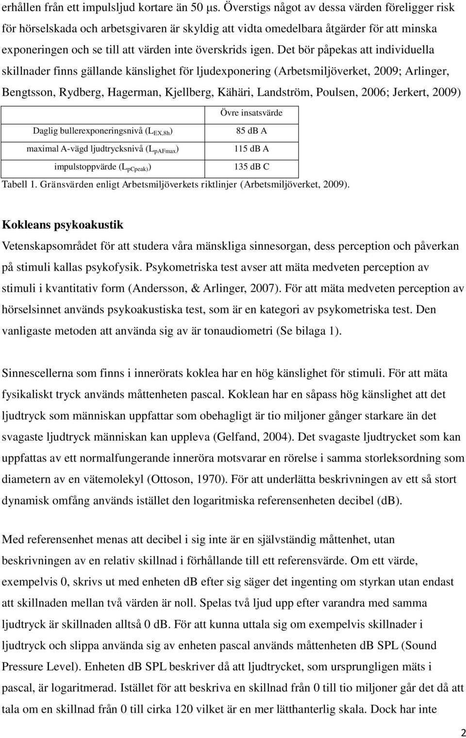 Det bör påpekas att individuella skillnader finns gällande känslighet för ljudexponering (Arbetsmiljöverket, 2009; Arlinger, Bengtsson, Rydberg, Hagerman, Kjellberg, Kähäri, Landström, Poulsen, 2006;