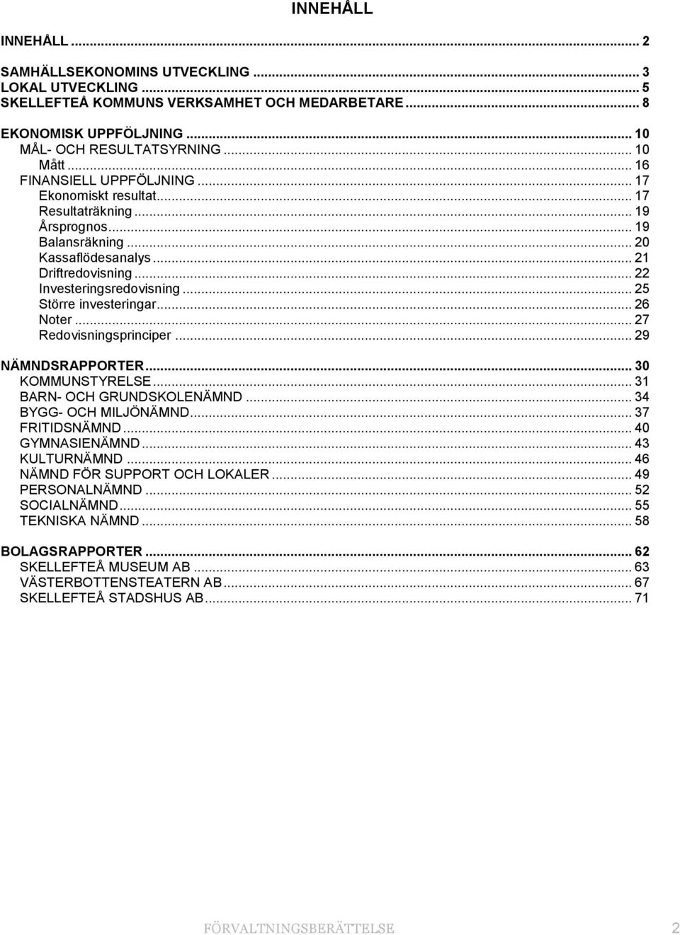 .. 25 Större investeringar... 26 Noter... 27 Redovisningsprinciper... 29 NÄMNDSRAPPORTER... 30 KOMMUNSTYRELSE... 31 BARN- OCH GRUNDSKOLENÄMND... 34 BYGG- OCH MILJÖNÄMND... 37 FRITIDSNÄMND.