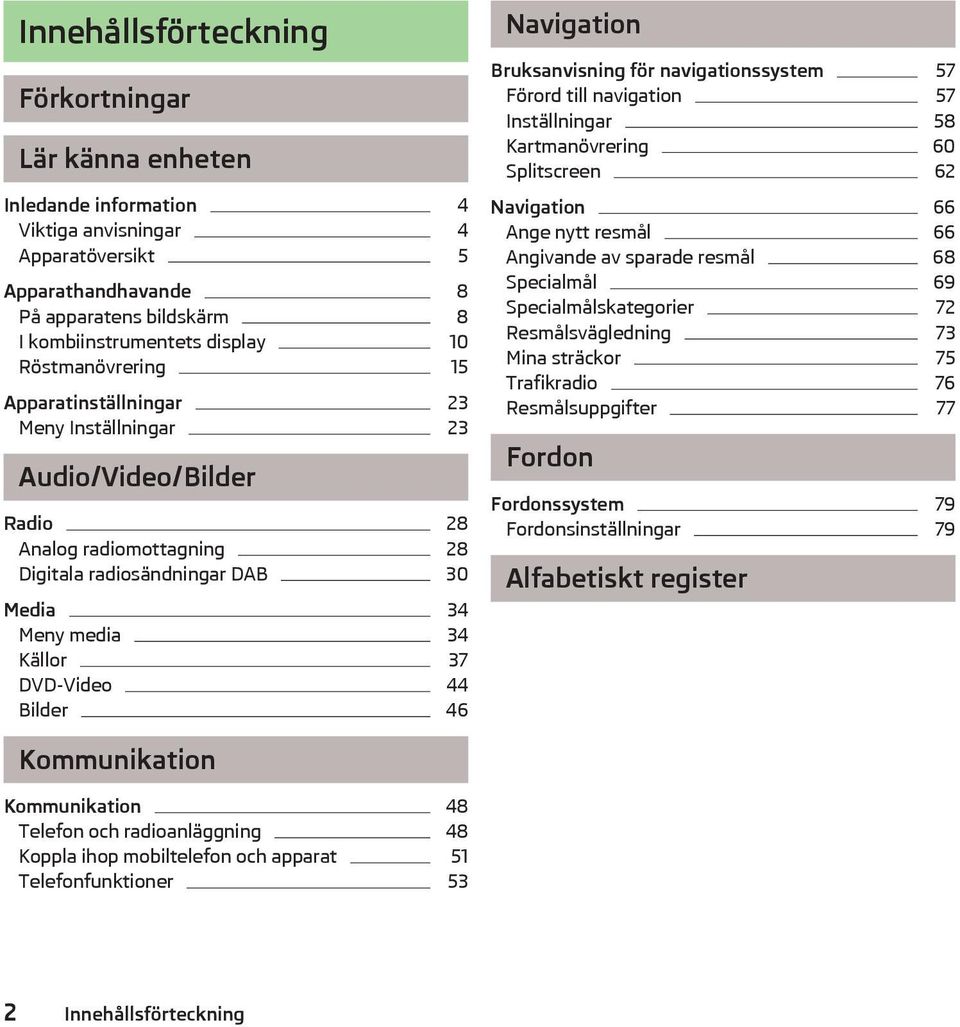 Bilder 46 Navigation Bruksanvisning för navigationssystem 57 Förord till navigation 57 Inställningar 58 Kartmanövrering 60 Splitscreen 62 Navigation 66 Ange nytt resmål 66 Angivande av sparade resmål