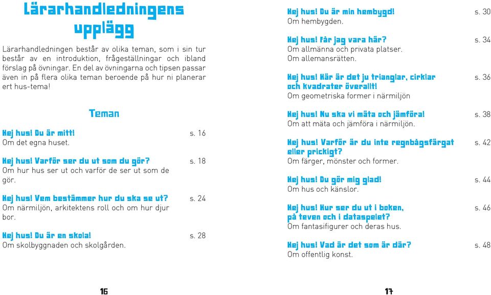 Om allmänna och privata platser. Om allemansrätten. Hej hus! Här är det ju trianglar, cirklar och kvadrater överallt! Om geometriska former i närmiljön s. 30 s. 34 s. 36 Hej hus! Du är mitt!