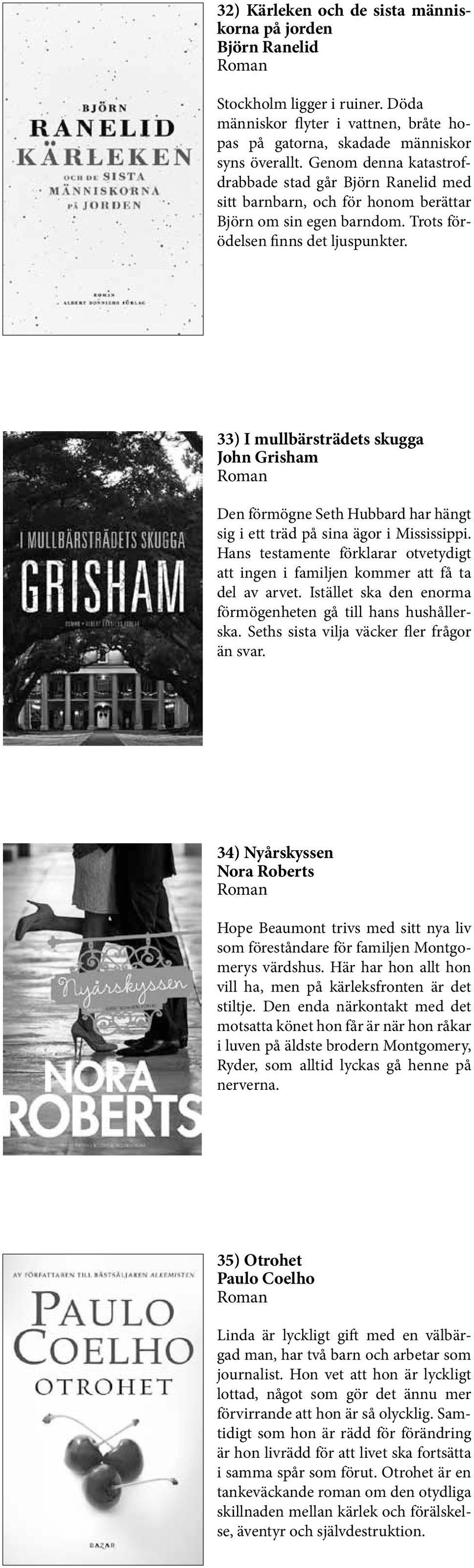 33) I mullbärsträdets skugga John Grisham Den förmögne Seth Hubbard har hängt sig i ett träd på sina ägor i Mississippi.