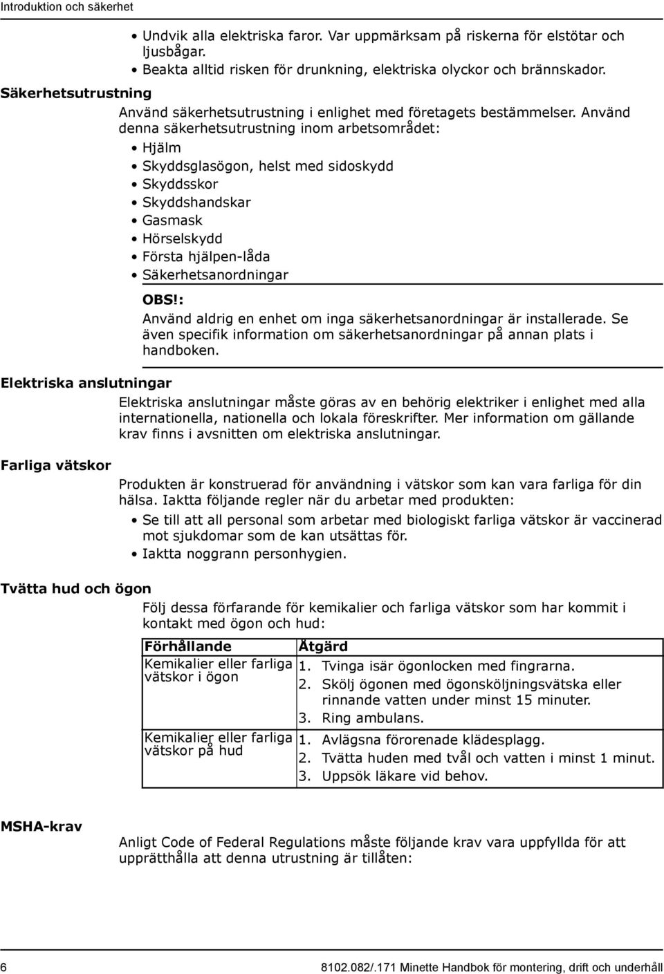 Använd denna säkerhetsutrustning inom arbetsområdet: Hjälm Skyddsglasögon, helst med sidoskydd Skyddsskor Skyddshandskar Gasmask Hörselskydd Första hjälpen-låda Säkerhetsanordningar OBS!