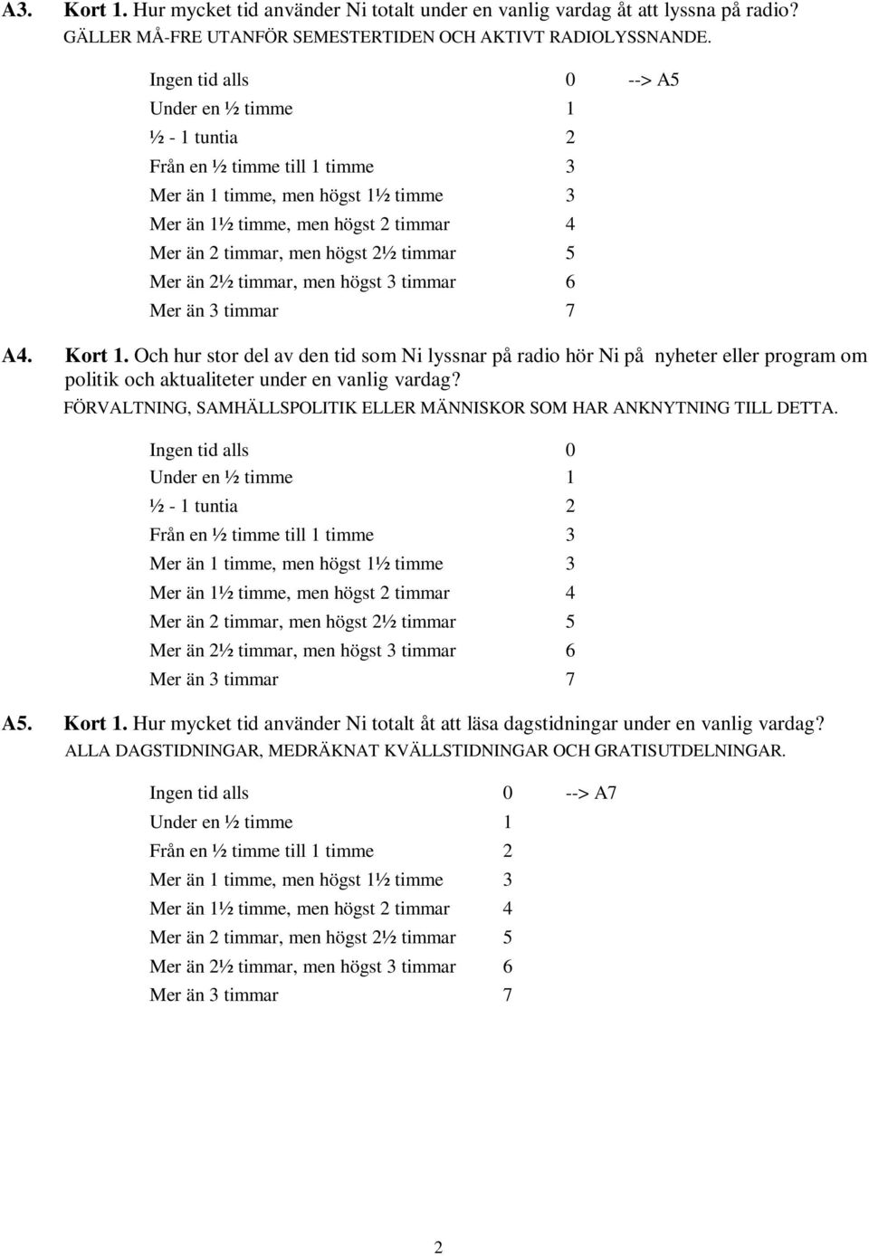 timmar 5 Mer än 2½ timmar, men högst 3 timmar 6 Mer än 3 timmar 7 A4. Kort 1.