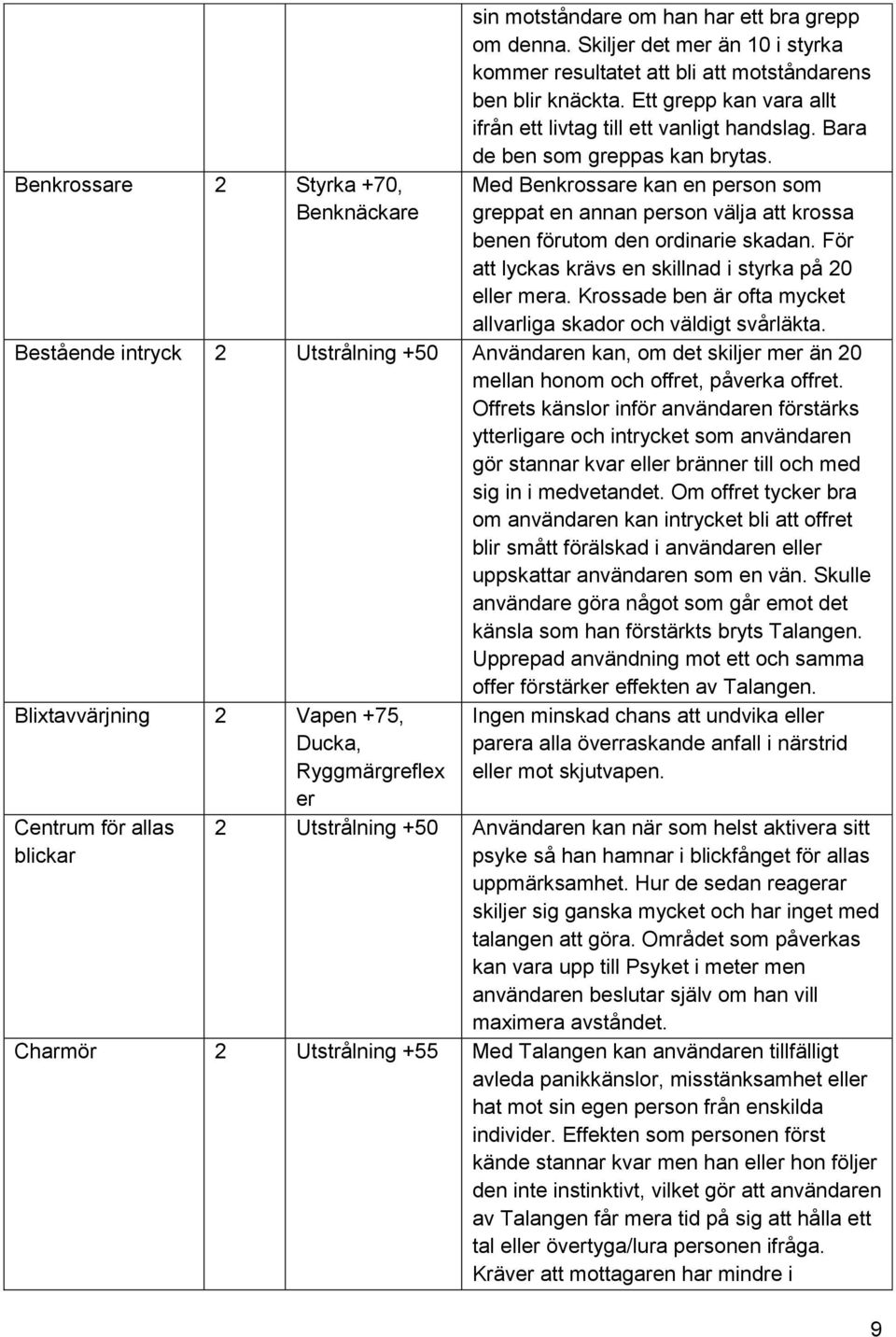 Med Benkrossare kan en person som greppat en annan person välja att krossa benen förutom den ordinarie skadan. För att lyckas krävs en skillnad i styrka på 20 eller mera.