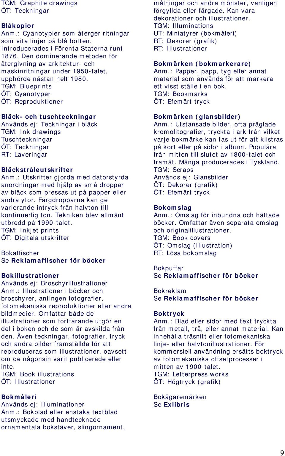 TGM: Blueprints ÖT: Cyanotyper ÖT: Reproduktioner Bläck- och tuschteckningar Används ej: Teckningar i bläck TGM: Ink drawings Tuschteckningar ÖT: Teckningar RT: Laveringar Bläckstråleutskrifter Anm.