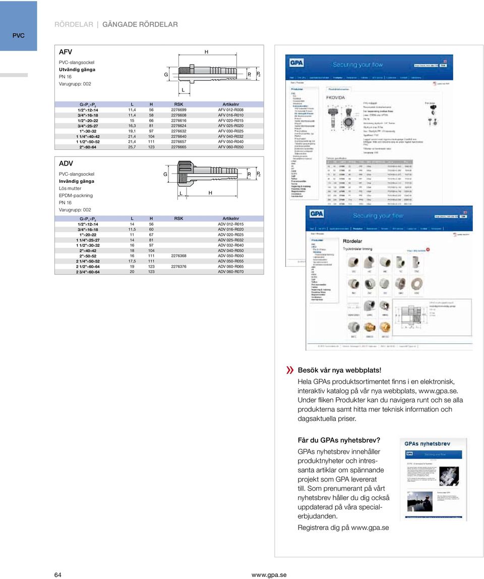 060-R050 ADV -slangsockel Invänig gänga ös mutter EPDM-packning G P P 1 2 G P 1 P 2 H RSK Artikelnr 1/2 12 14 14 56 ADV 012-R015 3/4 16 18 11,5 60 ADV 016-R020 1 20 22 11 67 ADV 020-R025 1 1/4 25 27