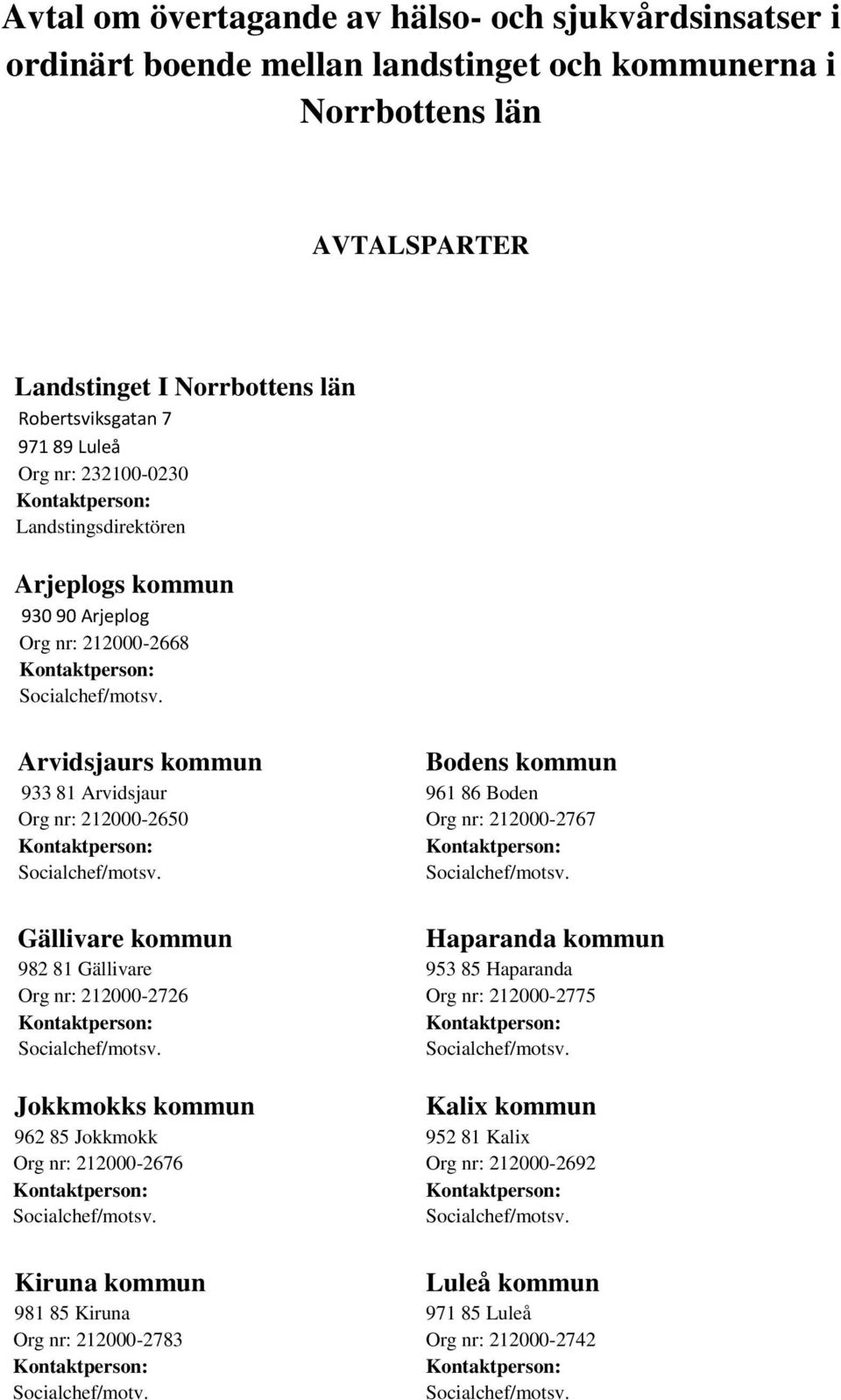 Arvidsjaurs kommun Bodens kommun 933 81 Arvidsjaur 961 86 Boden Org nr: 212000-2650 Org nr: 212000-2767 Kontaktperson: Kontaktperson: Socialchef/motsv.