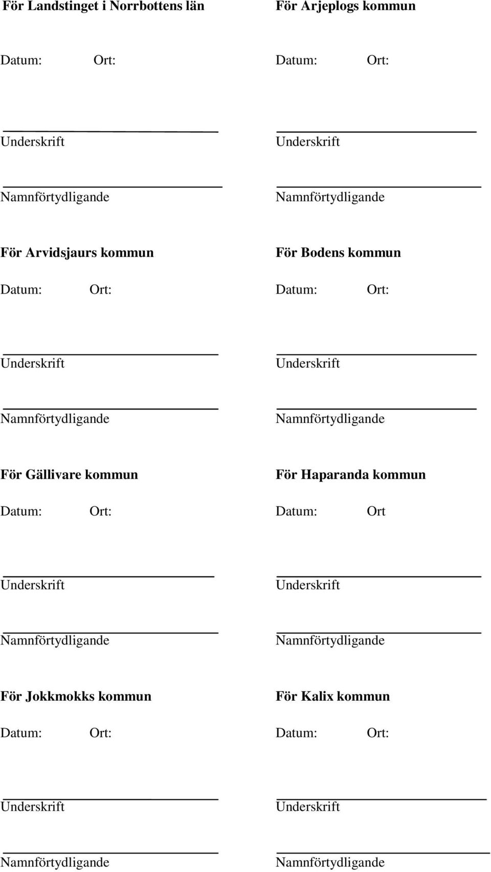 Namnförtydligande För Gällivare kommun För Haparanda kommun Datum: Ort: Datum: Ort Underskrift Underskrift Namnförtydligande