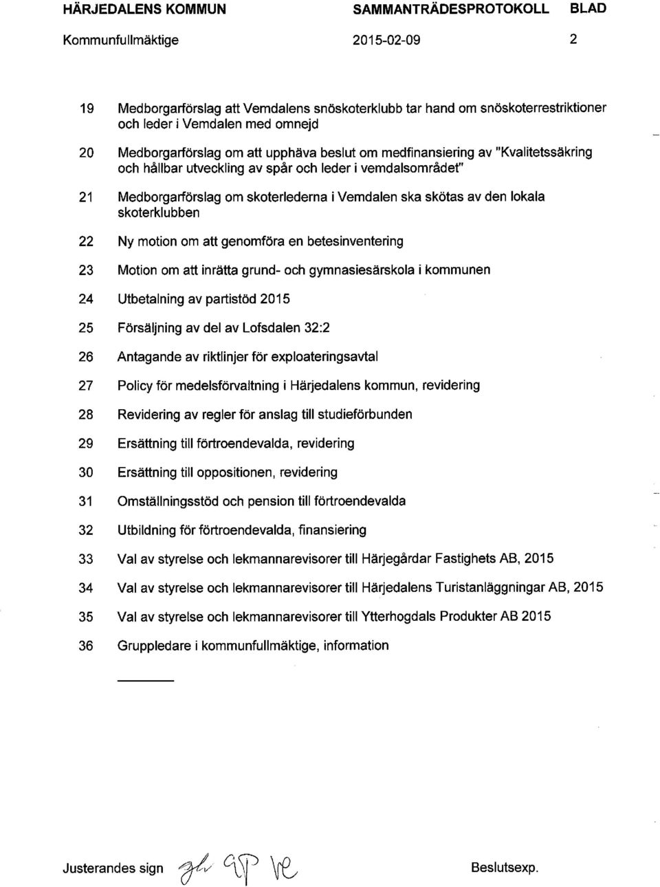 den lokala skoterklubben Ny motion om att genomföra en betesinventering Motion om att inrätta grund- och gymnasiesärskola i kommunen Utbetalning av partistöd 2015 Försäljning av del av Lofsdalen 32:2