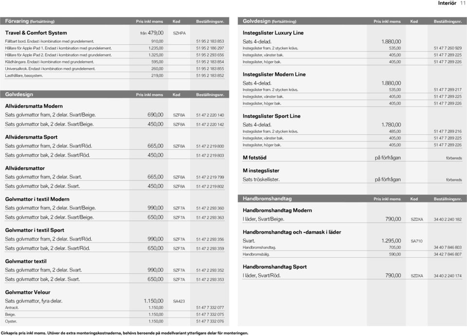 Kod (fortsättning) Pris Pris inkl inkl Kod moms moms Beställningsnr. Kod Kod Pris inkl Kod moms Beställningsnr. Travel & Comfort System Fällbart bord. Endast i kombination med grundelement.