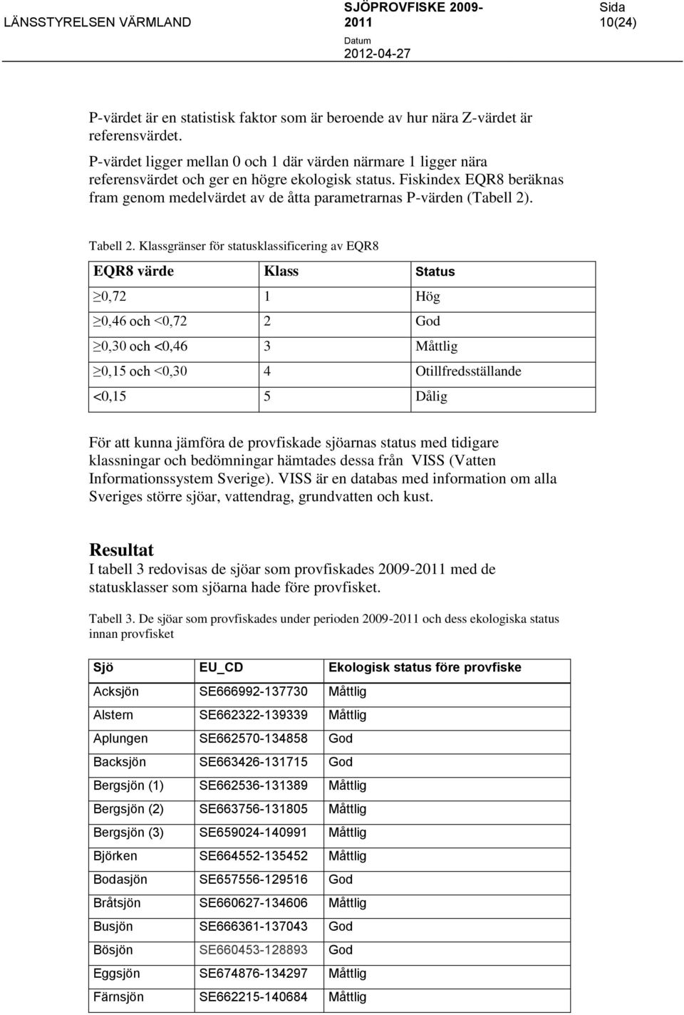 Fiskindex beräknas fram genom medelvärdet av de åtta parametrarnas P-värden (Tabell 2). Tabell 2.