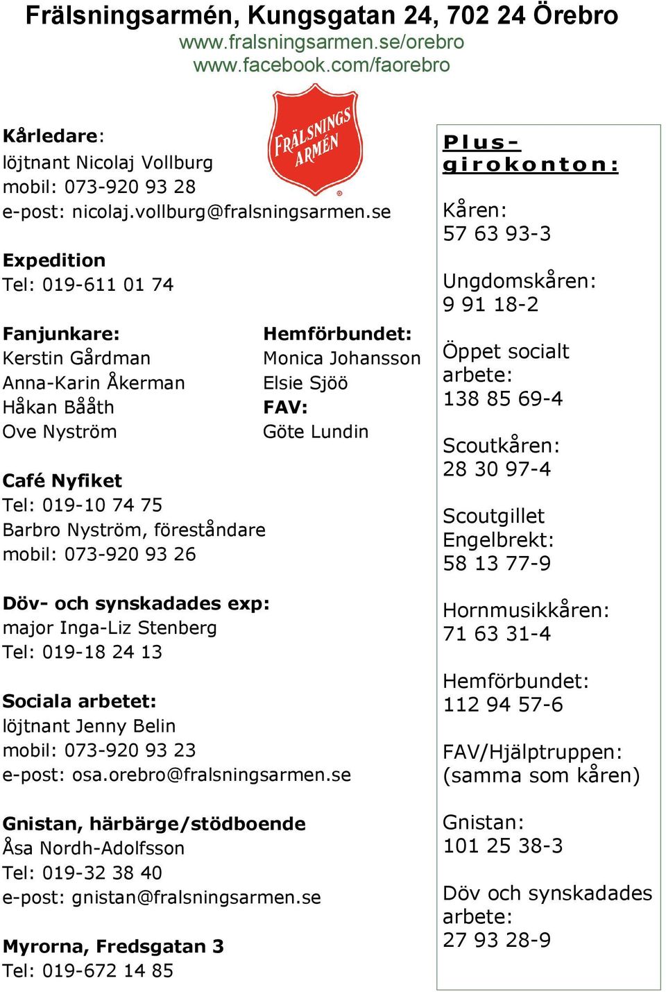 se Expedition Tel: 019-611 01 74 Fanjunkare: Kerstin Gårdman Anna-Karin Åkerman Håkan Bååth Ove Nyström Café Nyfiket Tel: 019-10 74 75 Barbro Nyström, föreståndare mobil: 073-920 93 26 Döv- och