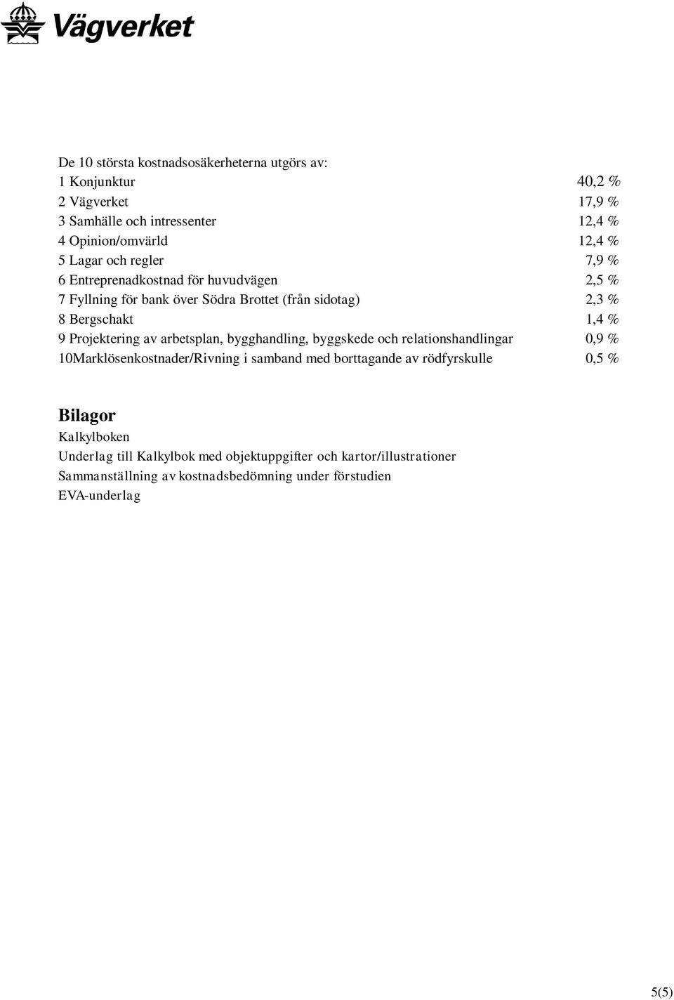 av arbetsplan, bygghandling, byggskede och relationshandlingar 0,9 % 10Marklösenkostnader/Rivning i samband med borttagande av rödfyrskulle 0,5 % Bilagor