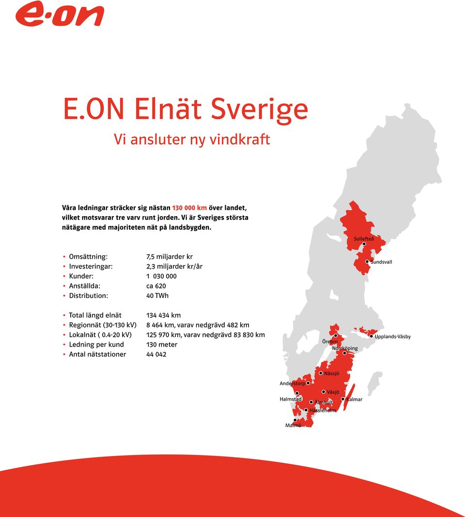 Sollefteå Omsättning: 7,5 miljarder kr Investeringar: 2,3 miljarder kr/år Kunder: 1 030 000 Anställda: ca 620 Distribution: 40 TWh Sundsvall Total längd elnät