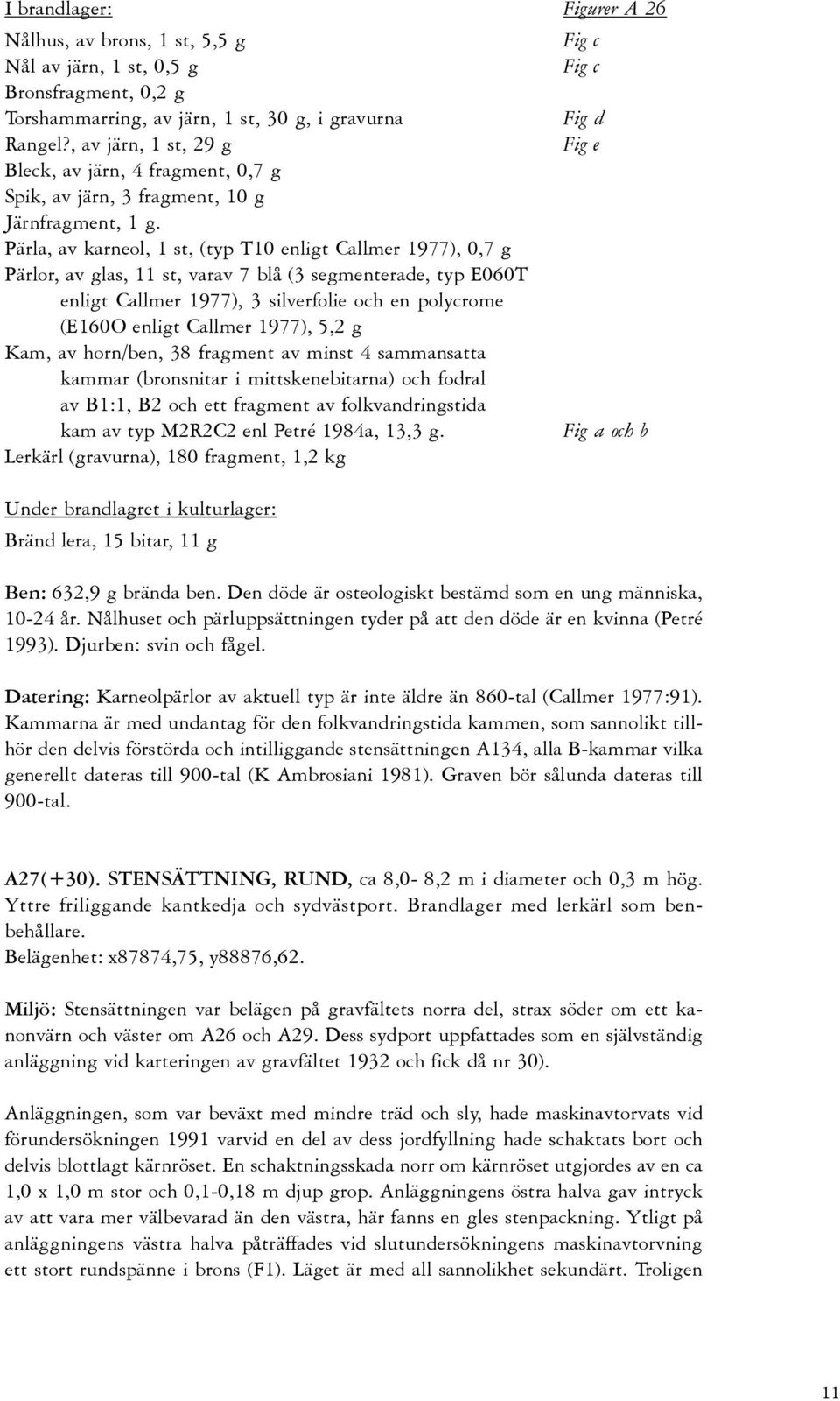 Pärla, av karneol, 1 st, (typ T10 enligt Callmer 1977), 0,7 g Pärlor, av glas, 11 st, varav 7 blå (3 segmenterade, typ E060T enligt Callmer 1977), 3 silverfolie och en polycrome (E160O enligt Callmer