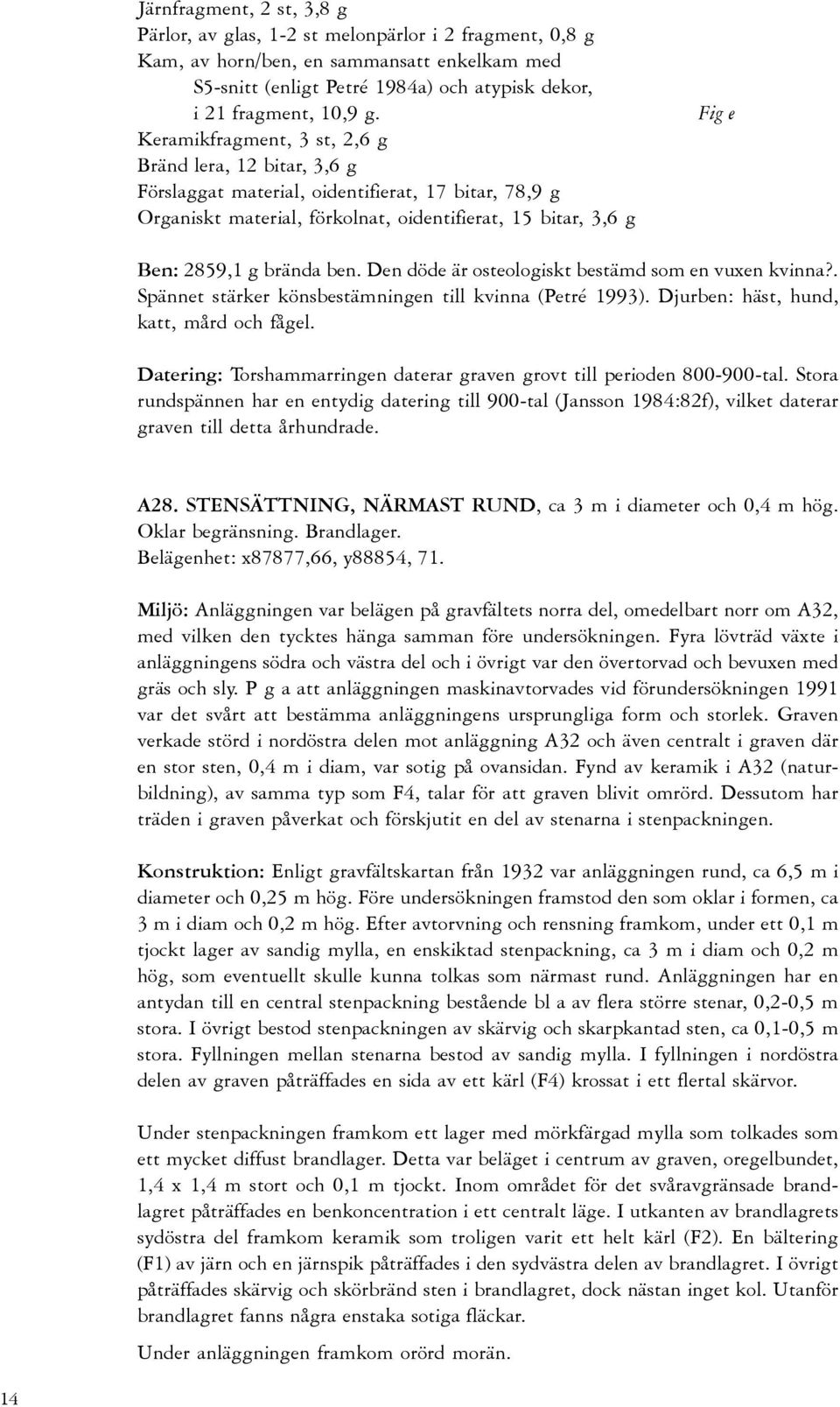 ben. Den döde är osteologiskt bestämd som en vuxen kvinna?. Spännet stärker könsbestämningen till kvinna (Petré 1993). Djurben: häst, hund, katt, mård och fågel.