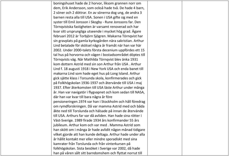 Ägare februari 2012 är Torbjörn Sjögren. Makarna Törnqvist har sin gravplats på gamla kyrkogården nära sakristian. Arthur Lind betalade för skötsel några år framåt när han var här 2002.