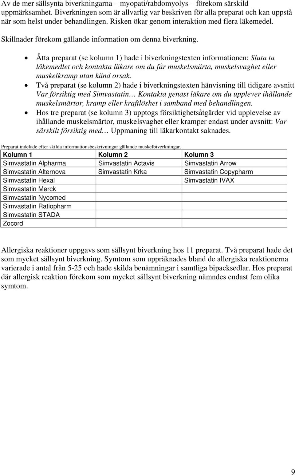 Åtta preparat (se kolumn 1) hade i biverkningstexten informationen: Sluta ta läkemedlet och kontakta läkare om du får muskelsmärta, muskelsvaghet eller muskelkramp utan känd orsak.