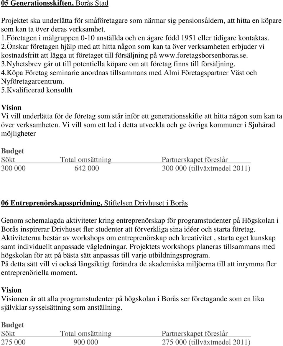 Önskar företagen hjälp med att hitta någon som kan ta över verksamheten erbjuder vi kostnadsfritt att lägga ut företaget till försäljning på www.foretagsborsenboras.se. 3.