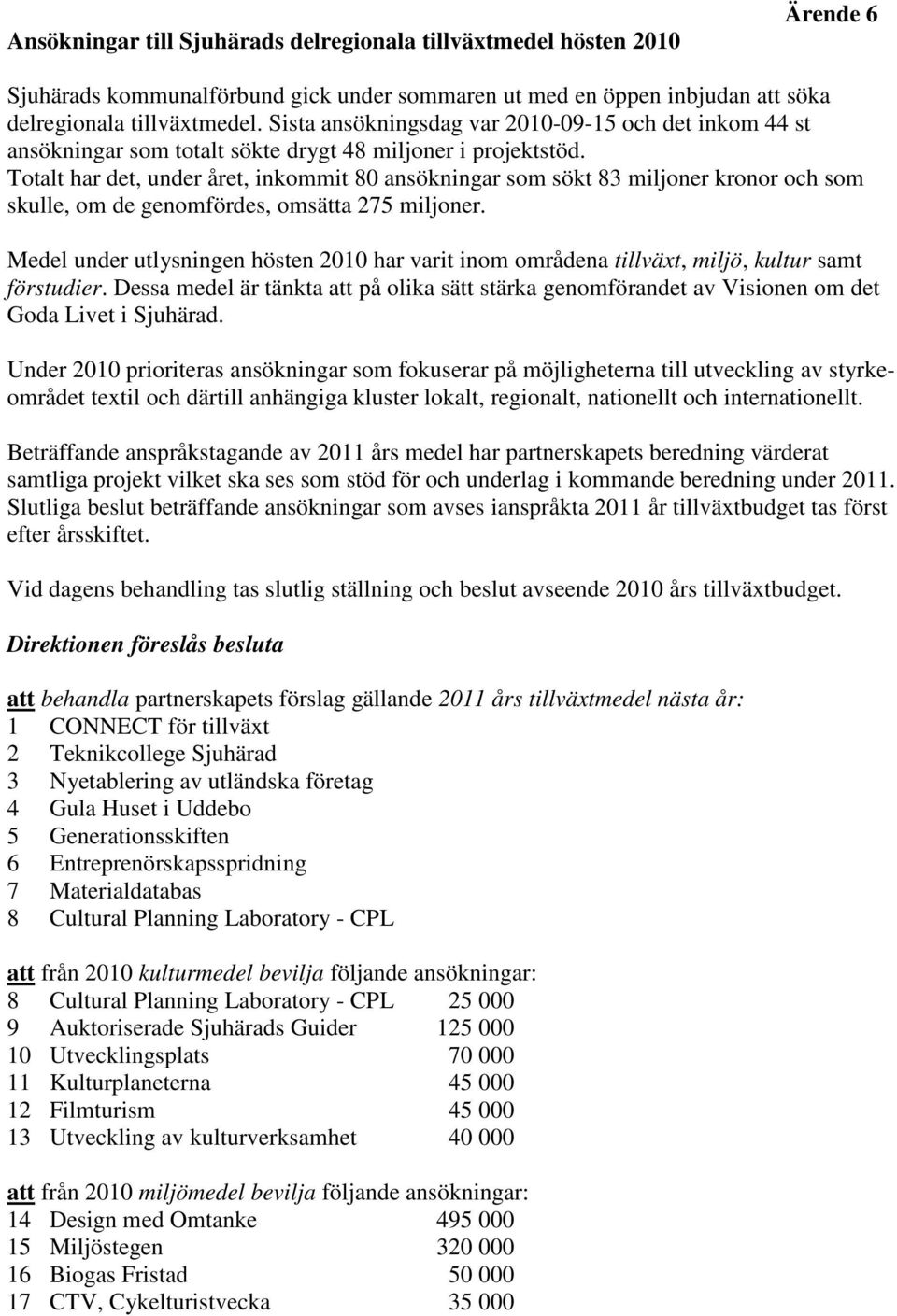 Totalt har det, under året, inkommit 80 ansökningar som sökt 83 miljoner kronor och som skulle, om de genomfördes, omsätta 275 miljoner.