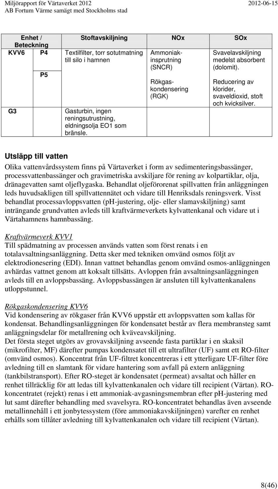 Utsläpp till vatten Olika vattenvårdssystem finns på Värtaverket i form av sedimenteringsbassänger, processvattenbassänger och gravimetriska avskiljare för rening av kolpartiklar, olja, dränagevatten