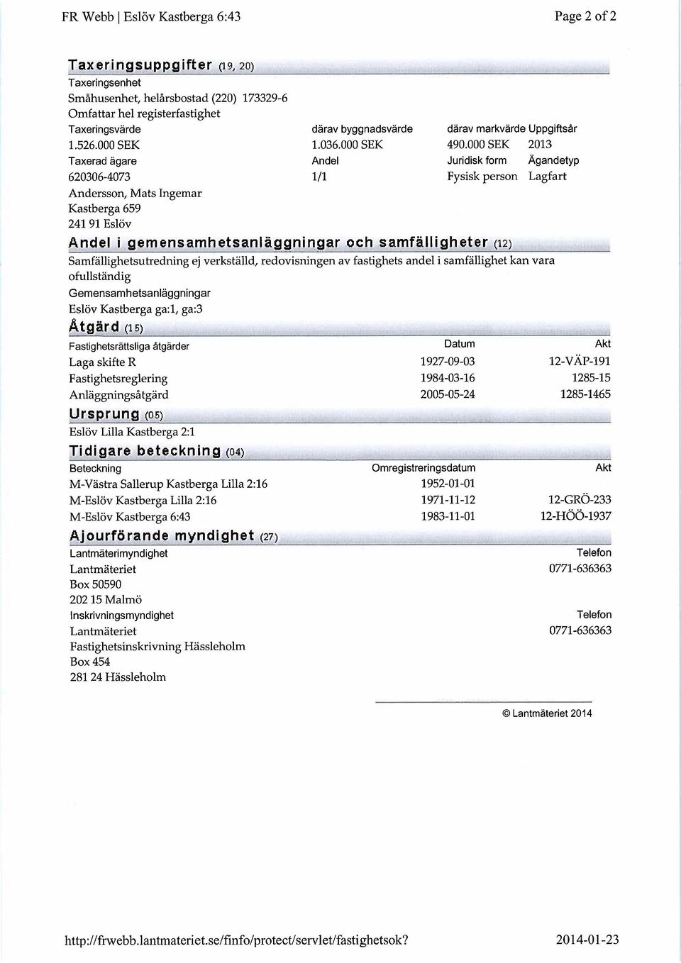 samfälligheter () SaäällgT:etsutredning ej verkställd, redovisningen av fastighets andel i samfällighet kan vara ofullständig Gemensamhetsanläggningar Eslöv Kastberga ga:, ga:3 Åtgärd (5) srättsliga