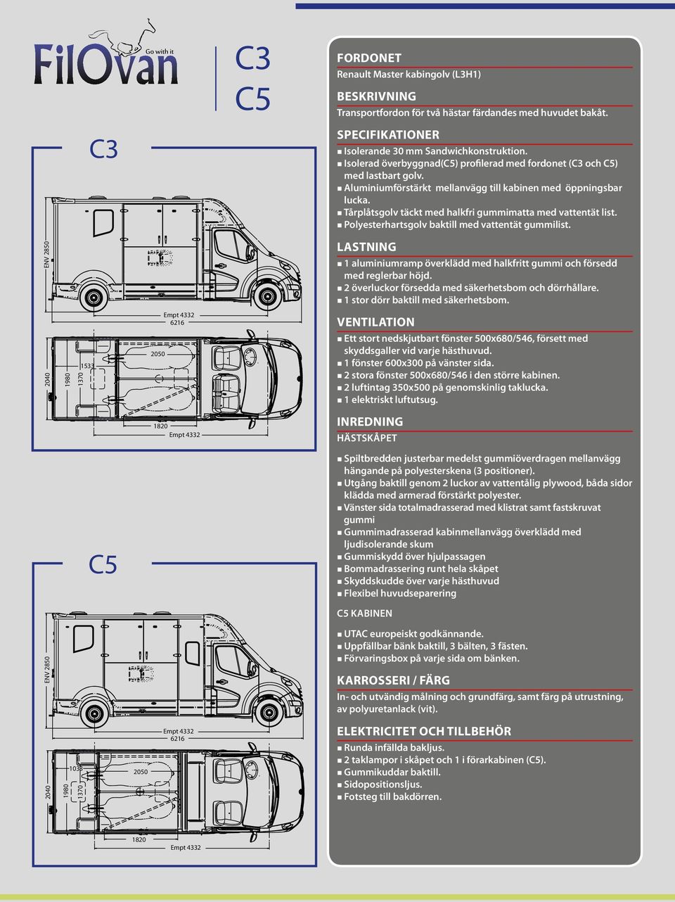 Tårplåtsgolv täckt med halkfri gummimatta med vattentät list. Polyesterhartsgolv baktill med vattentät gummilist. LASTNING 1 aluminiumramp överklädd med halkfritt gummi och försedd med reglerbar höjd.