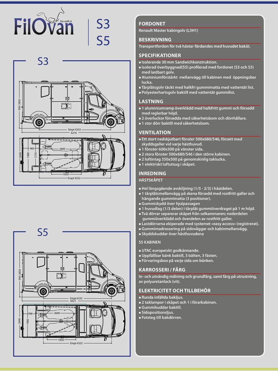 Tårplåtsgolv täckt med halkfri gummimatta med vattentät list. Polyesterhartsgolv baktill med vattentät gummilist. LASTNING 1 aluminiumramp överklädd med halkfritt gummi och försedd med reglerbar höjd.