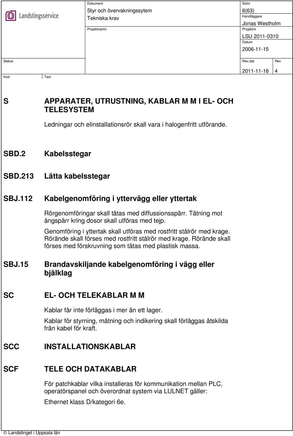 Genomföring i yttertak skall utföras med rostfritt stålrör med krage. Rörände skall förses med rostfritt stålrör med krage. Rörände skall förses med förskruvning som tätas med plastisk massa. SBJ.