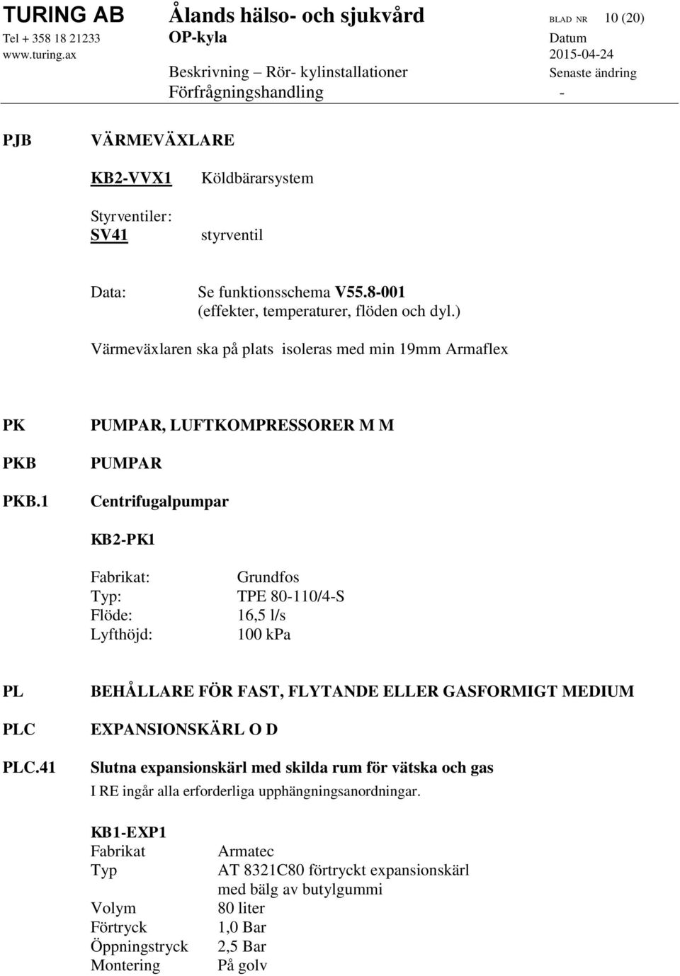 1 PUMPAR, LUFTKOMPRESSORER M M PUMPAR Centrifugalpumpar KB2-PK1 Fabrikat: Typ: Flöde: Lyfthöjd: Grundfos TPE 80-110/4-S 16,5 l/s 100 kpa PL PLC PLC.