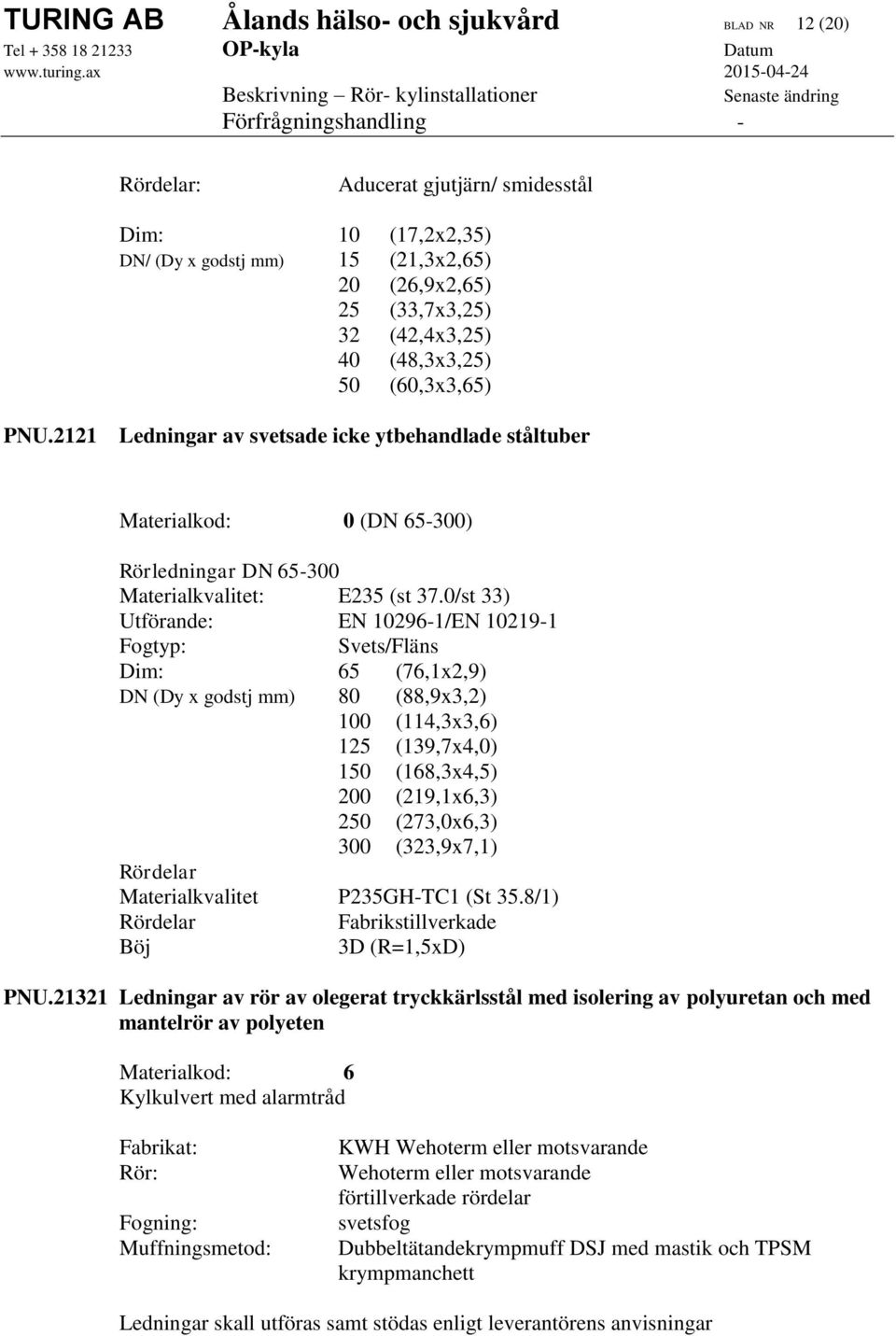 0/st 33) Utförande: EN 10296-1/EN 10219-1 Fogtyp: Svets/Fläns Dim: 65 (76,1x2,9) DN (Dy x godstj mm) 80 (88,9x3,2) 100 (114,3x3,6) 125 (139,7x4,0) 150 (168,3x4,5) 200 (219,1x6,3) 250 (273,0x6,3) 300