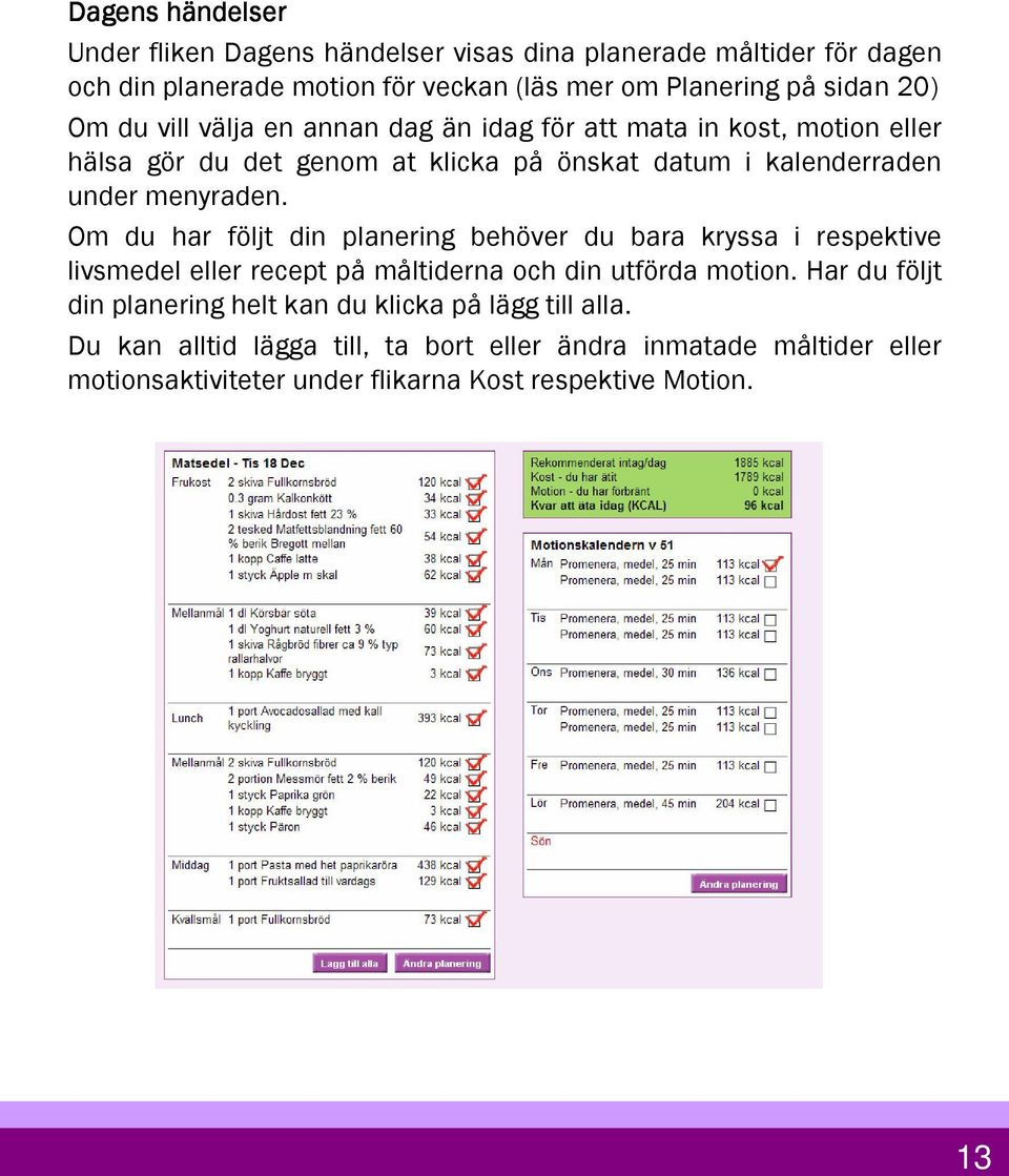 Om du har följt din planering behöver du bara kryssa i respektive livsmedel eller recept på måltiderna och din utförda motion.