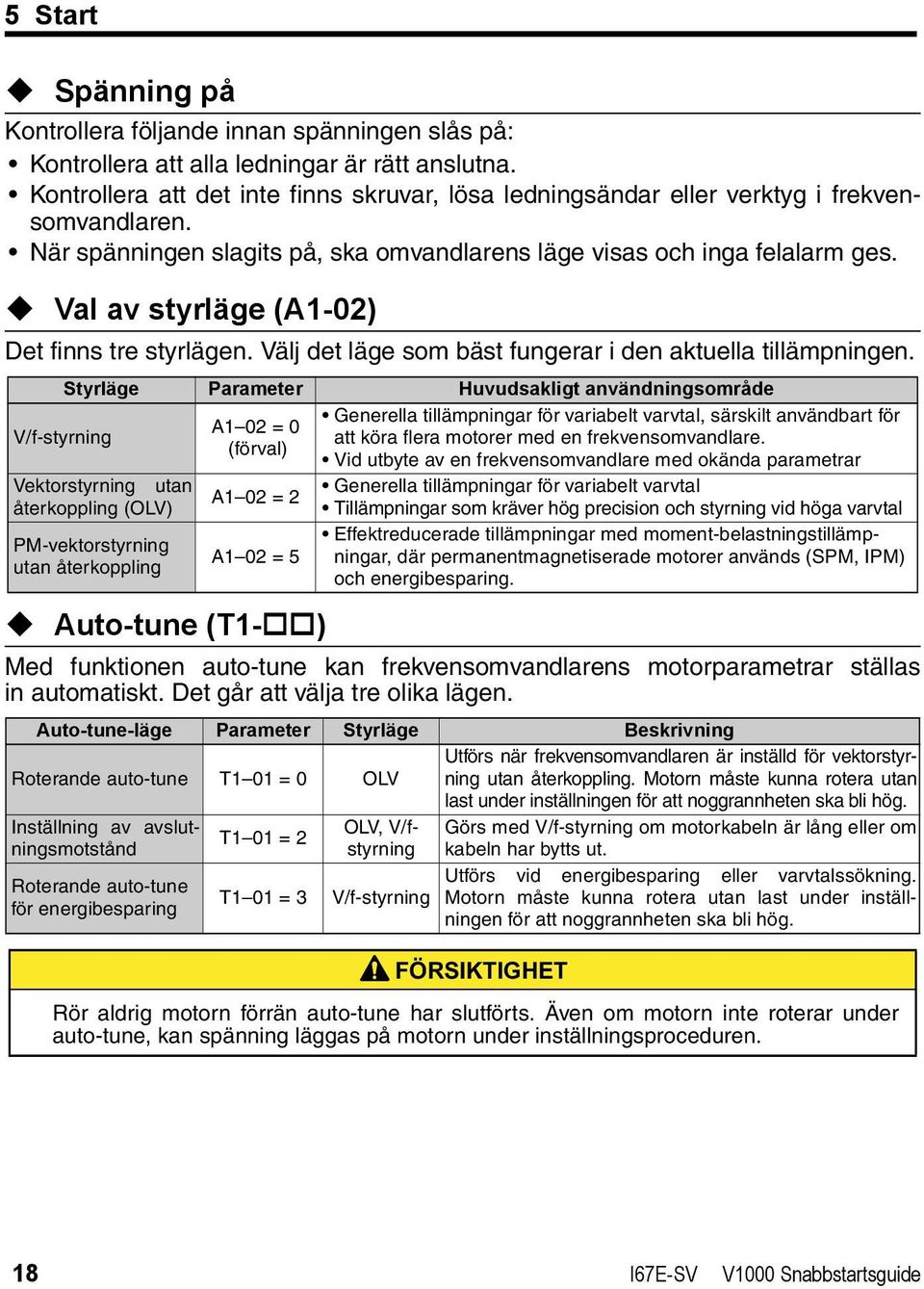 Val av styrläge (A1-02) Det finns tre styrlägen. Välj det läge som bäst fungerar i den aktuella tillämpningen.