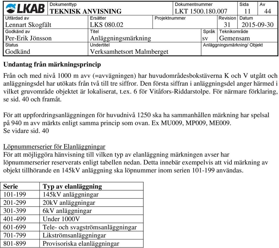 till tre siffror. Den första siffran i anläggningsdel anger härmed i vilket gruvområde objektet är lokaliserat, t.ex. 6 för Vitåfors-Riddarstolpe. För närmare förklaring, se sid. 40 och framåt.