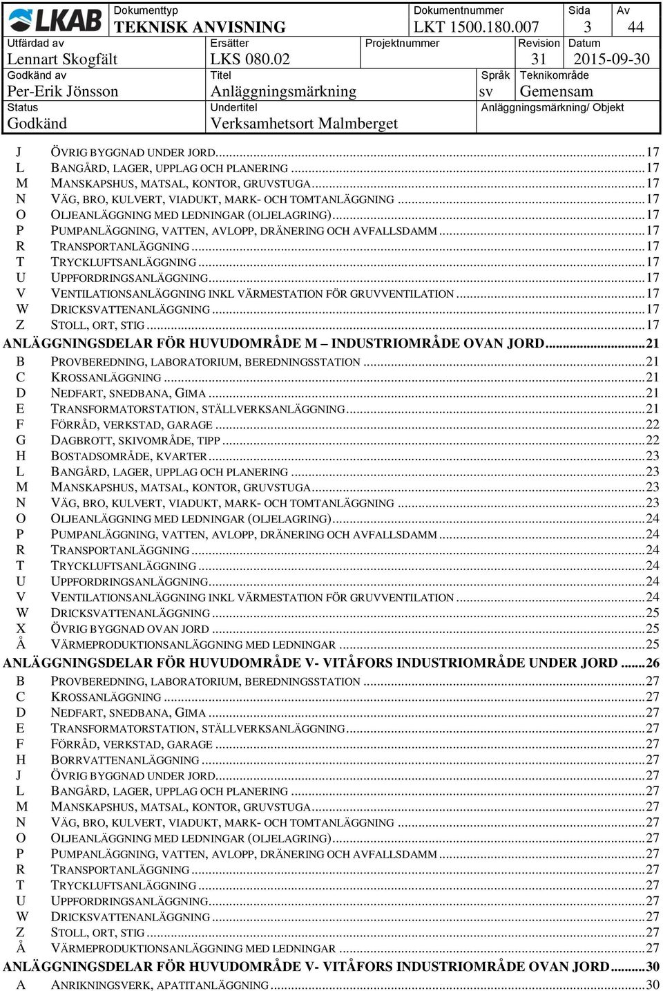 .. 17 R TRANSPORTANLÄGGNING... 17 T TRYCKLUFTSANLÄGGNING... 17 U UPPFORDRINGSANLÄGGNING... 17 V VENTILATIONSANLÄGGNING INKL VÄRMESTATION FÖR GRUVVENTILATION... 17 W DRICKSVATTENANLÄGGNING.