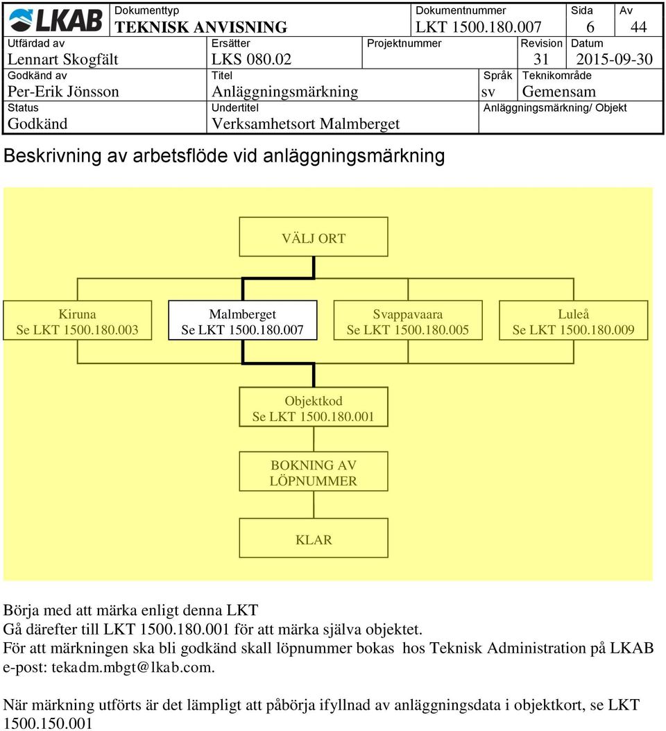 180.001 för att märka själva objektet. För att märkningen ska bli godkänd skall löpnummer bokas hos Teknisk Administration på LKAB e-post: tekadm.mbgt@lkab.