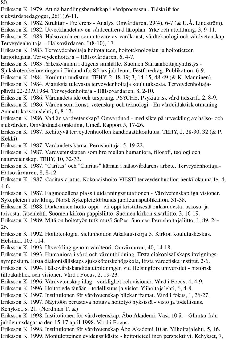 Terveydenhoitaja Hälsovårdaren, 3(8-10), 17. Eriksson K. 1983. Terveydenhoitaja hoitotaiteen, hoitoteknologian ja hoitotieteen harjoittajana. Terveydenhoitaja Hälsovårdaren, 6, 4-7. Eriksson K. 1983.Yrkeskvinnan i dagens samhälle.