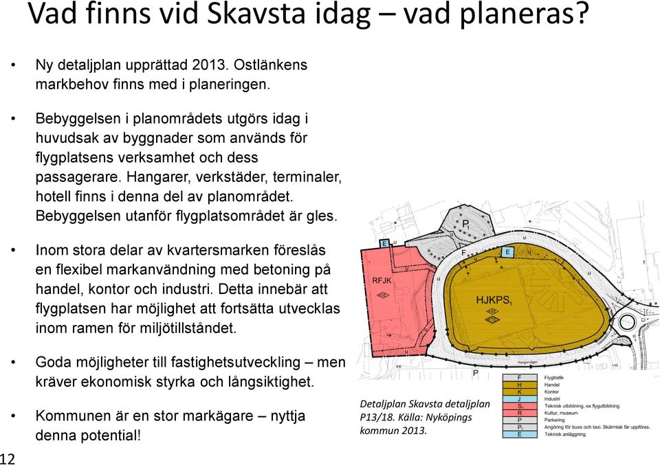 Bebyggelsen utanför flygplatsområdet är gles. Inom stora delar av kvartersmarken föreslås en flexibel markanvändning med betoning på handel, kontor och industri.