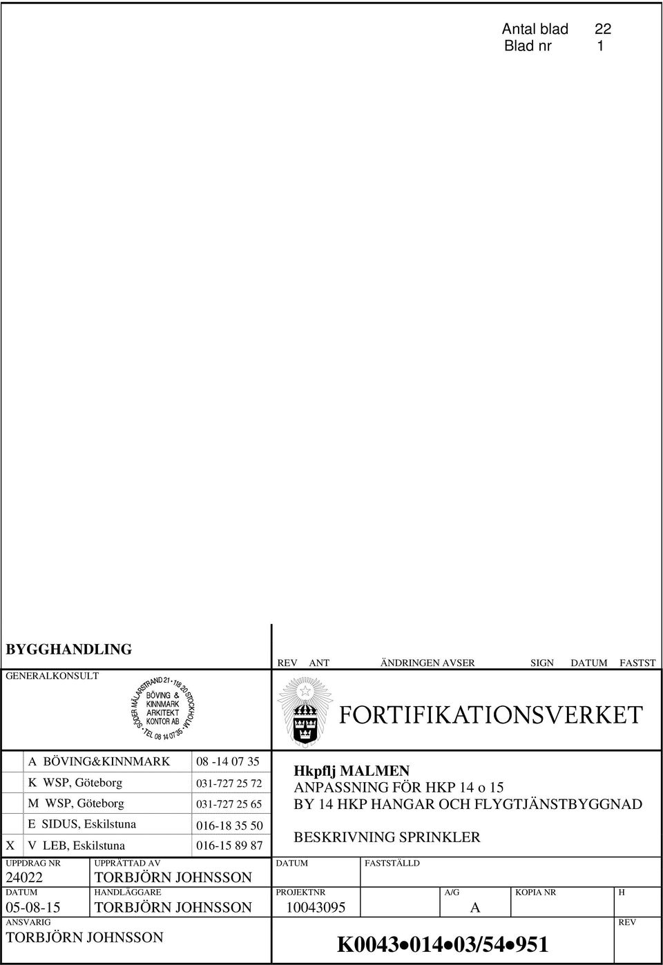 ANPASSNING FÖR HKP 14 o 15 BY 14 HKP HANGAR OCH FLYGTJÄNSTBYGGNAD BESKRIVNING SPRINKLER UPPDRAG NR UPPRÄTTAD AV DATUM FASTSTÄLLD 24022