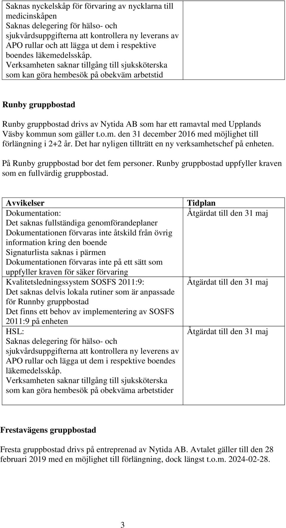 Verksamheten saknar tillgång till sjuksköterska som kan göra hembesök på obekväm arbetstid Runby gruppbostad Runby gruppbostad drivs av Nytida AB som har ett ramavtal med Upplands Väsby kommun som