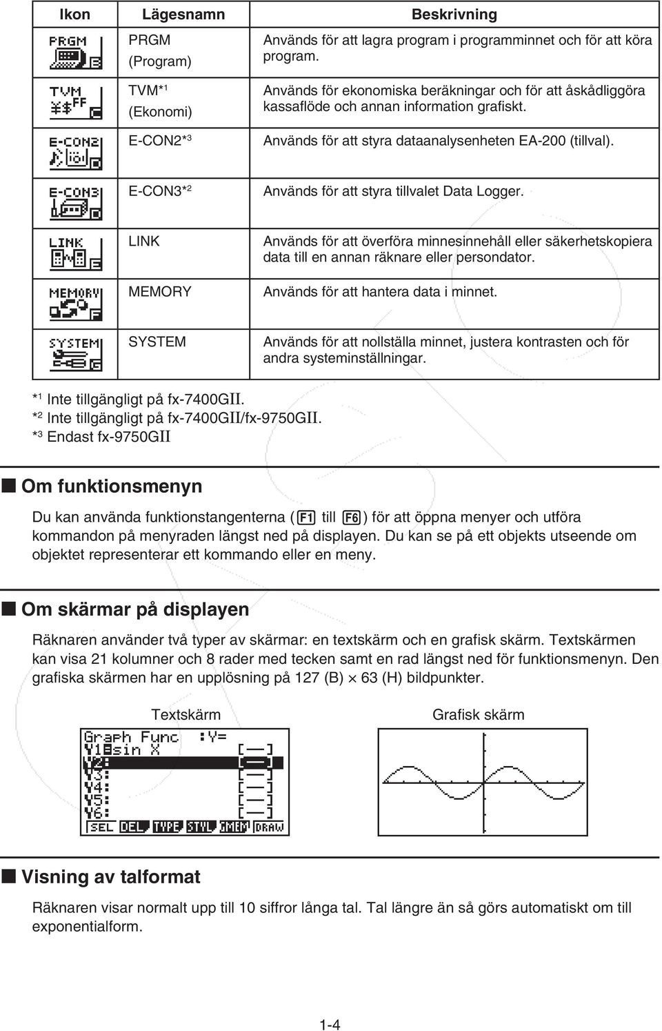 E-CON3* 2 Används för att styra tillvalet Data Logger. LINK MEMORY Används för att överföra minnesinnehåll eller säkerhetskopiera data till en annan räknare eller persondator.