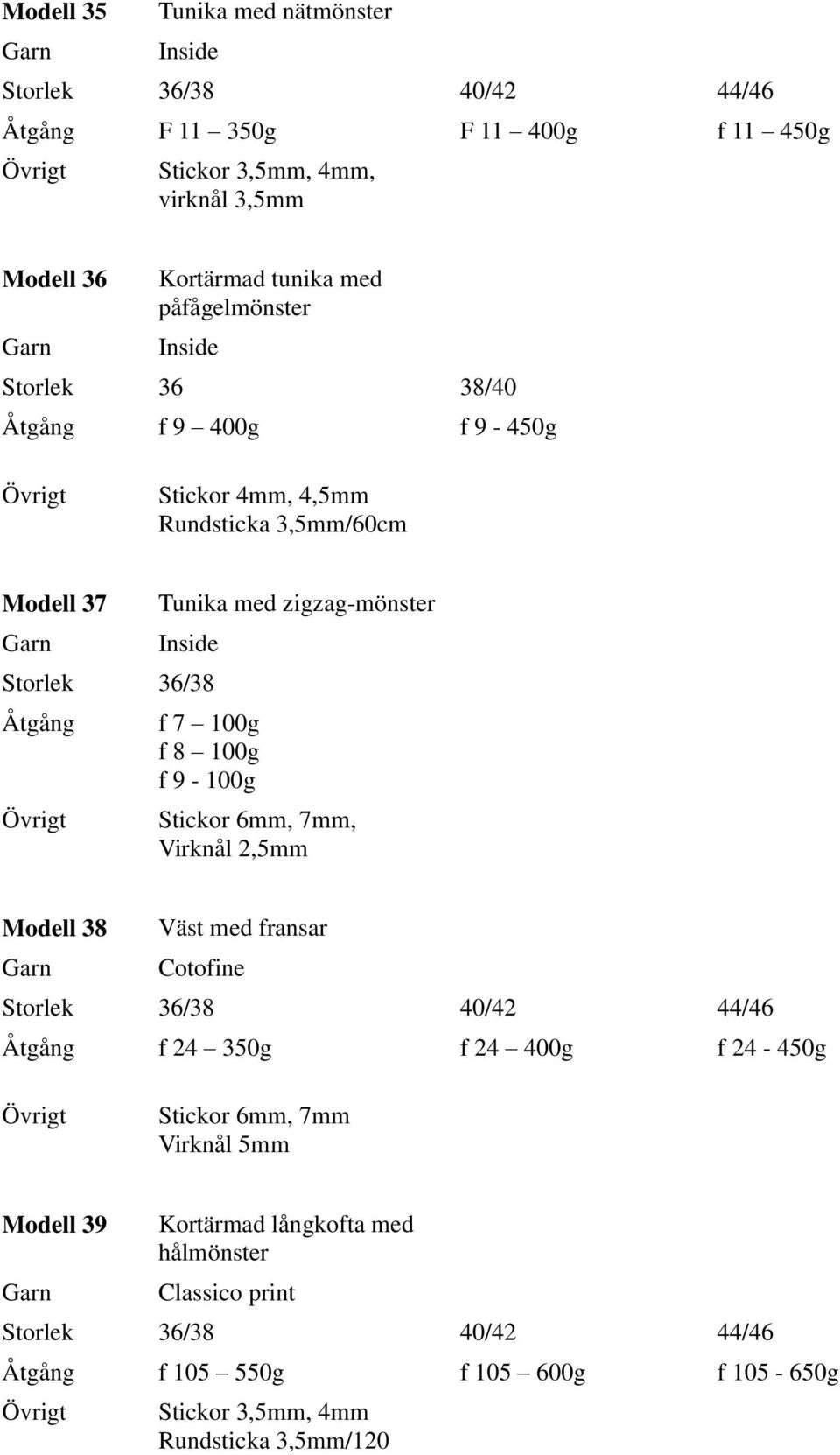 Storlek 36/38 f 7 100g f 8 100g f 9-100g Stickor 6mm, 7mm, Virknål 2,5mm Modell 38 Väst med fransar Cotofine f 24 350g f 24 400g f 24-450g