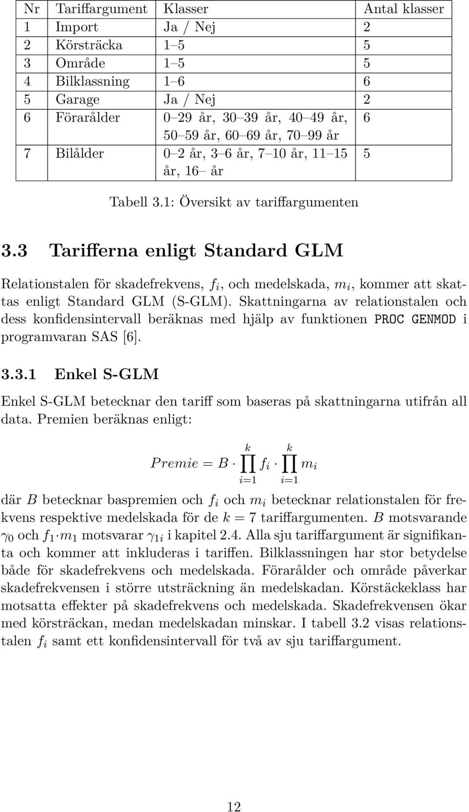 3 Tarifferna enligt Standard GLM Relationstalen för skadefrekvens, f i, och medelskada, m i, kommer att skattas enligt Standard GLM (S-GLM).